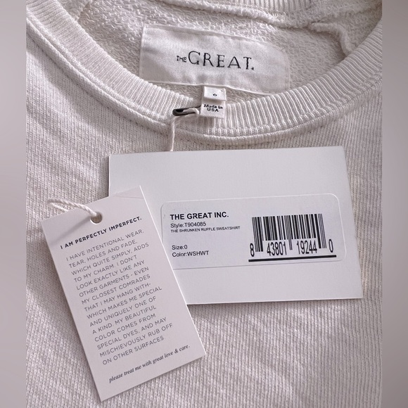 NWT THE GREAT The Shrunken Ruffle Sweatshirt in Washed White - Picture 4 of 16